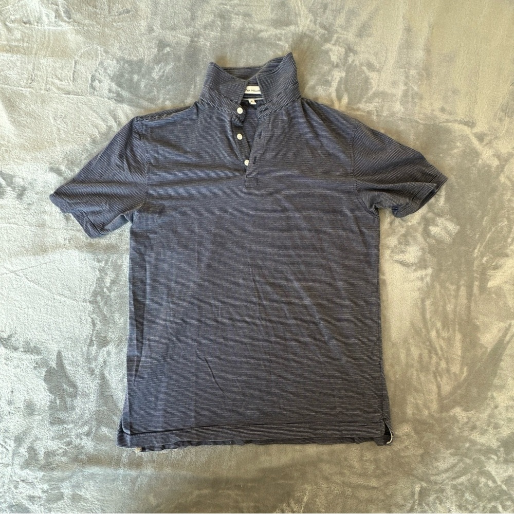 Peter Millar Men’s Medium Golf Polo Navy Blue Stripe Pima Cotton Silk Stretch